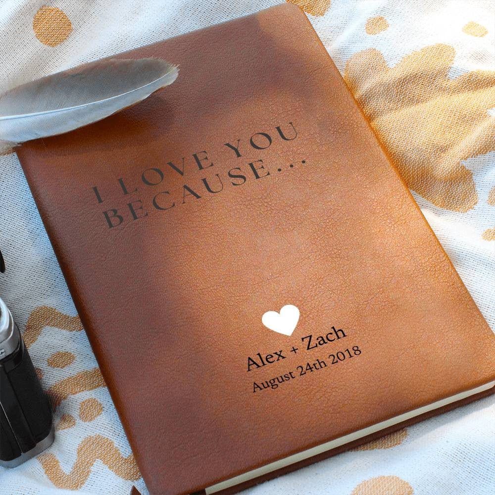 I Love You Because - Custom Leather Journal - Love Notebook - Liliana and Liam