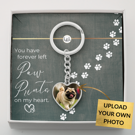 Dog Loss Gift - Paw Prints On My Heart - Photo Heart Keychain - Custom Dog Remembrance, Bereavement & Sympathy Gift