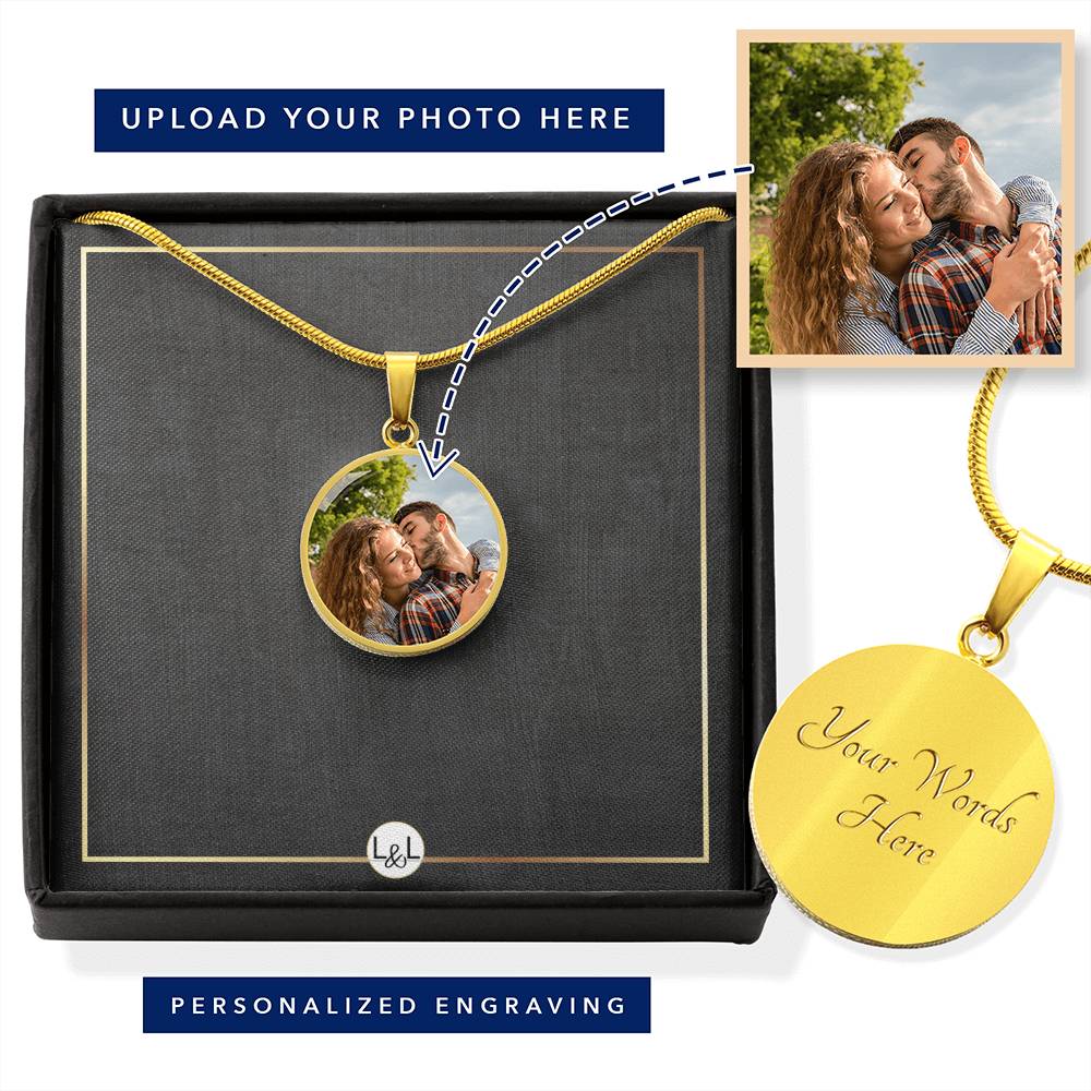 Photo Upload Necklace - Round Photo Pendant + Custom Engraving Option