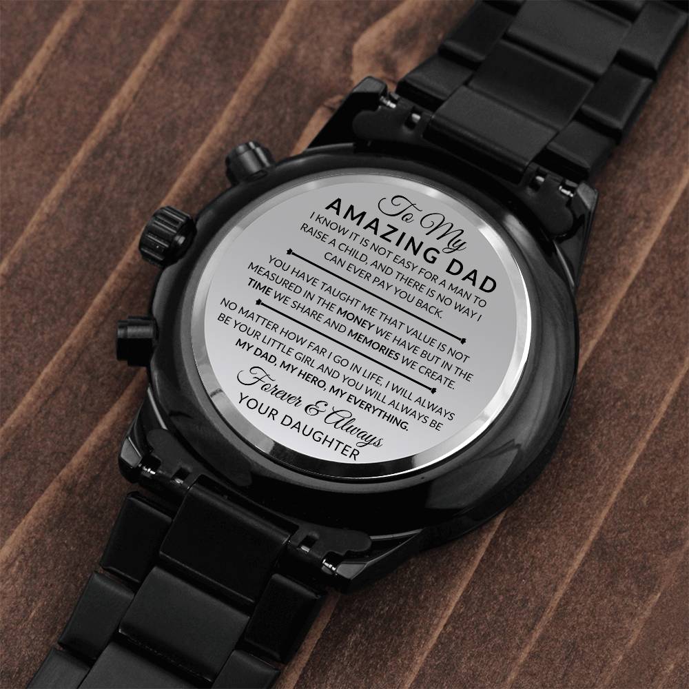 Dad Gift From Daughter - My Dad, My Hero, My Everything - Engraved Black Chronograph Men's Watch + Watch Box - Perfect Birthday Present or Christmas Gift For Him - Liliana and Liam