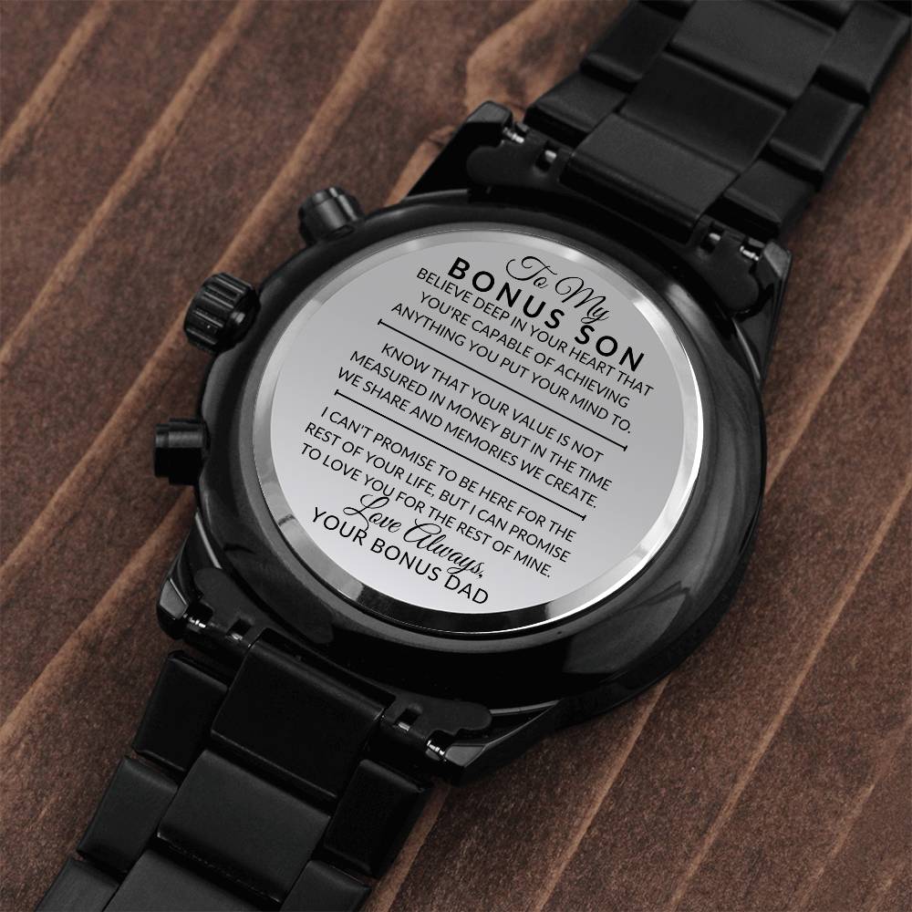 Bonus Son Gift From Bonus Dad - You Can Achieve Anything - Engraved Black Chronograph Men's Watch + Watch Box - Perfect Birthday Present or Christmas Gift For Him - Liliana and Liam