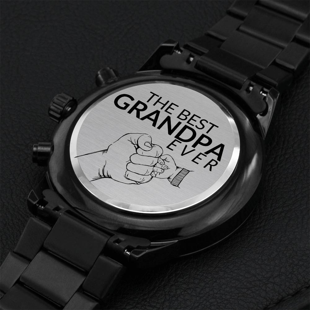 Gift For Grandpa - Best Grandpa Ever - Engraved Black Chronograph Men's Watch + Watch Box - Perfect Birthday Present or Christmas Gift For Him
