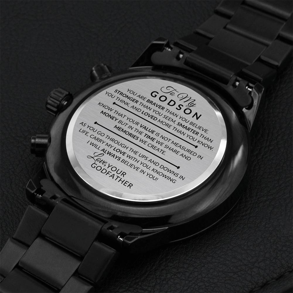 Gift For My Godson From Godfather - Carry My Love With You - Engraved Black Chronograph Men's Watch + Watch Box - Perfect Birthday Present or Christmas Gift For Him - Liliana and Liam