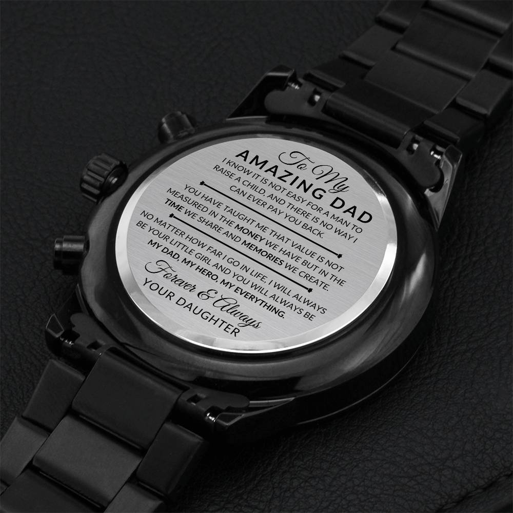 Dad Gift From Daughter - My Dad, My Hero, My Everything - Engraved Black Chronograph Men's Watch + Watch Box - Perfect Birthday Present or Christmas Gift For Him - Liliana and Liam