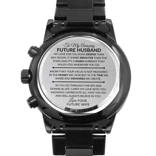 Gift For Future Husband, Fiance, From Future Wife - In Love And Memories - Engraved Black Chronograph Men's Watch + Watch Box - Perfect Birthday Present or Christmas Gift For Him