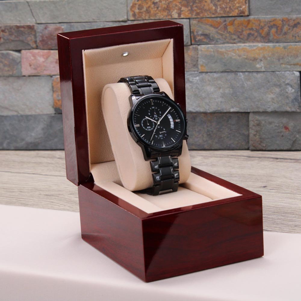 Dad Gift From Daughter - A Place In Your Heart - Engraved Black Chronograph Men's Watch + Watch Box - Perfect Birthday Present or Christmas Gift For Him - Liliana and Liam