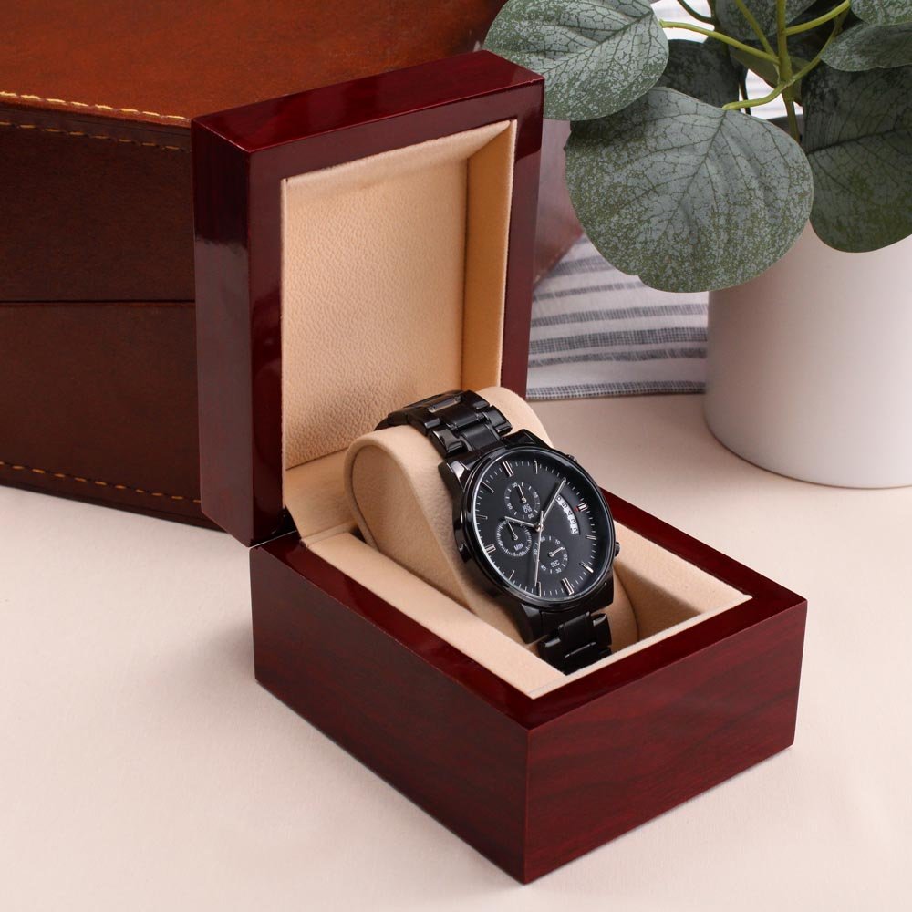 Gift For Husband From Wife - In Love And Memories - Engraved Black Chronograph Men's Watch + Watch Box - Perfect Birthday Present or Christmas Gift For Him - Liliana and Liam