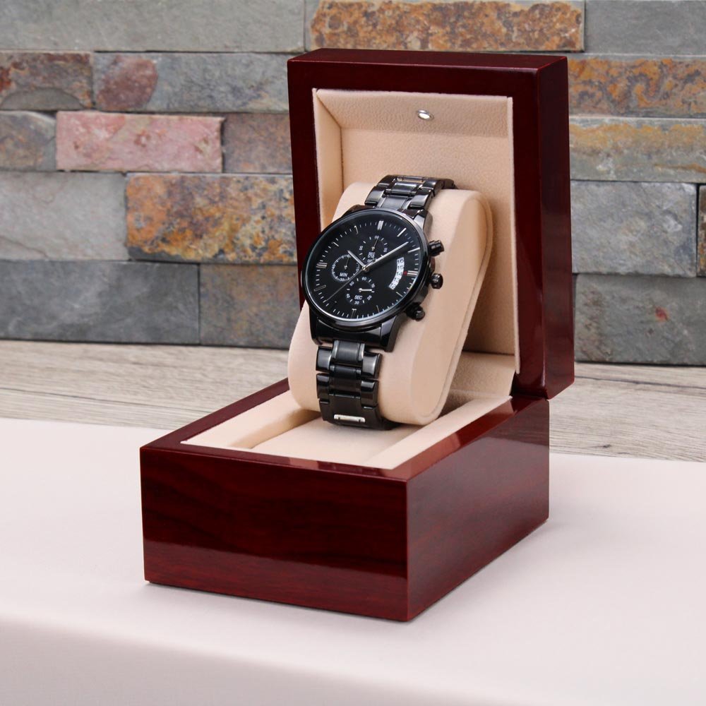 Bonus Son Gift From Bonus Mom - You Can Achieve Anything - Engraved Black Chronograph Men's Watch + Watch Box - Perfect Birthday Present or Christmas Gift For Him - Liliana and Liam