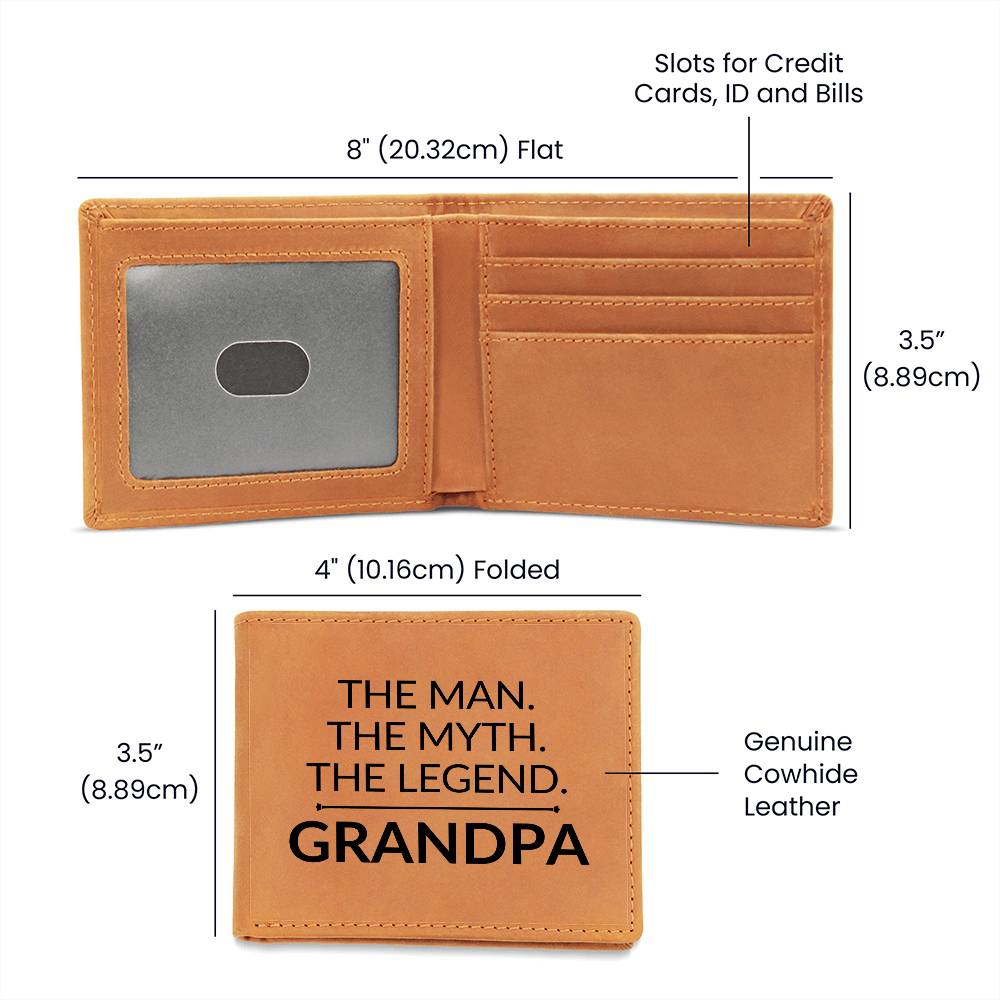 The Man. The Myth. The Legend. - Custom Bi-fold Leather Wallet - Gift For Grandpa - Liliana and Liam