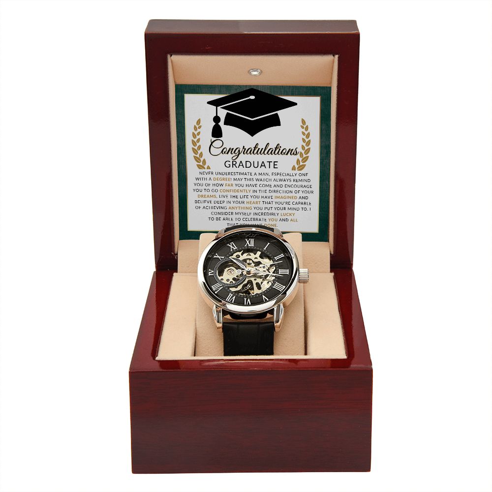 Graduation Gift For Him - Men's Openwork Watch + Watch Box - Great 2024 Graduation Gift Idea For Him