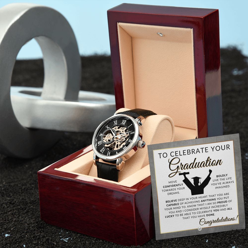 Grad Gift For Him - Men's Openwork Watch + Watch Box - Great 2024 Graduation Gift Idea For Him