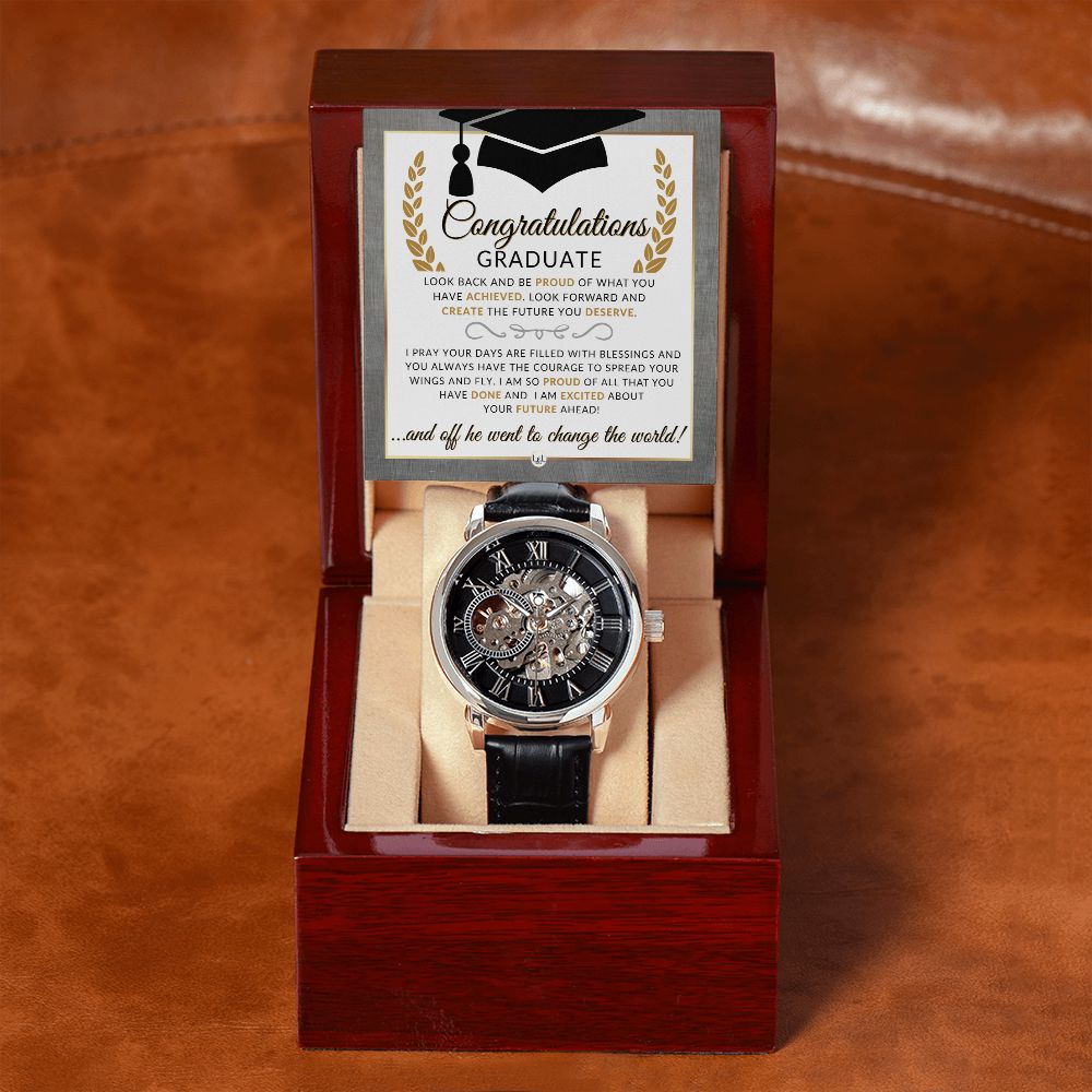 Graduate Gift For A Guy - Men's Openwork Watch + Watch Box - Great 2024 Graduation Gift Idea For Him