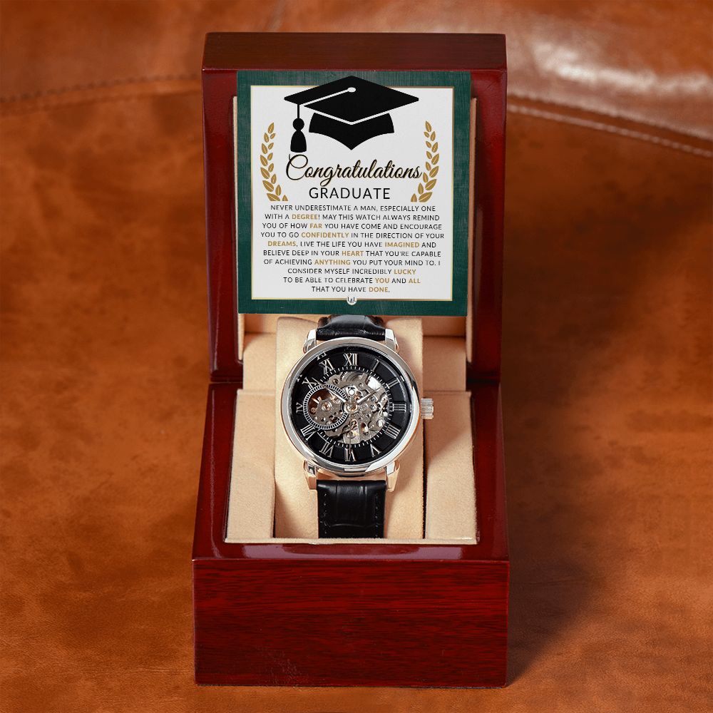 Graduation Gift For Him - Men's Openwork Watch + Watch Box - Great 2024 Graduation Gift Idea For Him