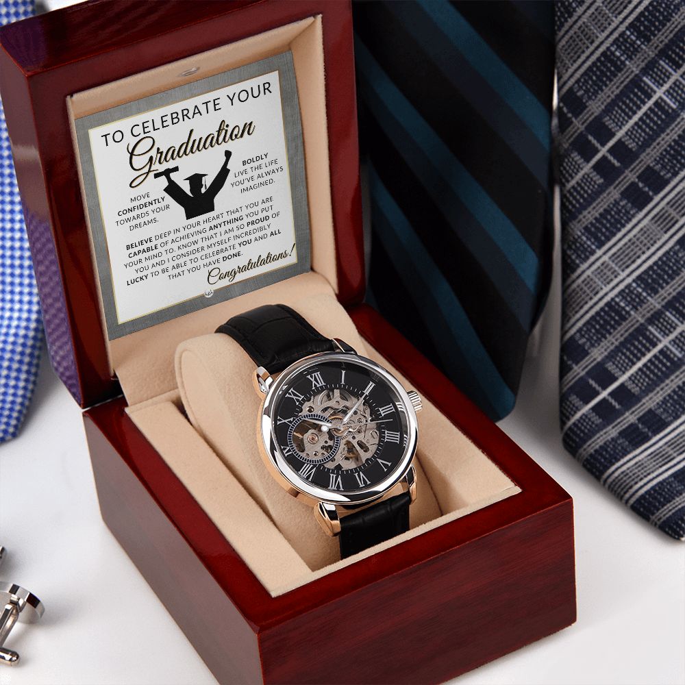 Grad Gift For Him - Men's Openwork Watch + Watch Box - Great 2024 Graduation Gift Idea For Him