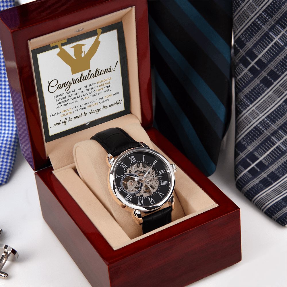 2024 Graduation Gift For A Guy - Men's Openwork Watch + Watch Box - Great 2024 Graduation Gift Idea For Him
