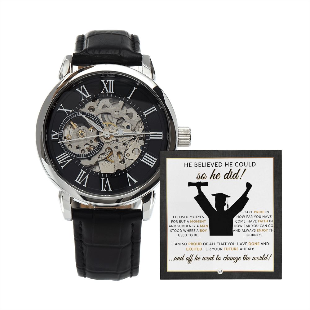 Graduation Gift Idea For Him - Men's Openwork Watch + Watch Box - Great 2024 Graduation Gift Idea For Him