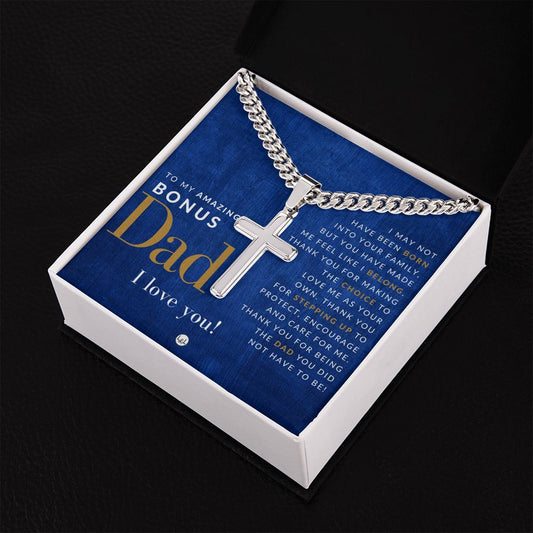 Gift For Bonus Dad - Men's Chain with Engravable Cross Necklace - Christian Jewelry For Dad For Father's Day, Christmas or His Birthday