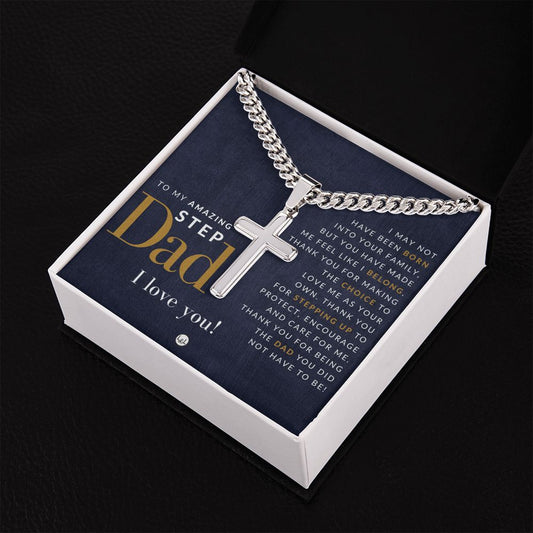 Step Dad Present - Step Dad Gift - Bonus Dad Gift - Cuban Chain with Artisan Cross Necklace - Christian Jewelry For Him For Father's Day, Christmas or His Birthday