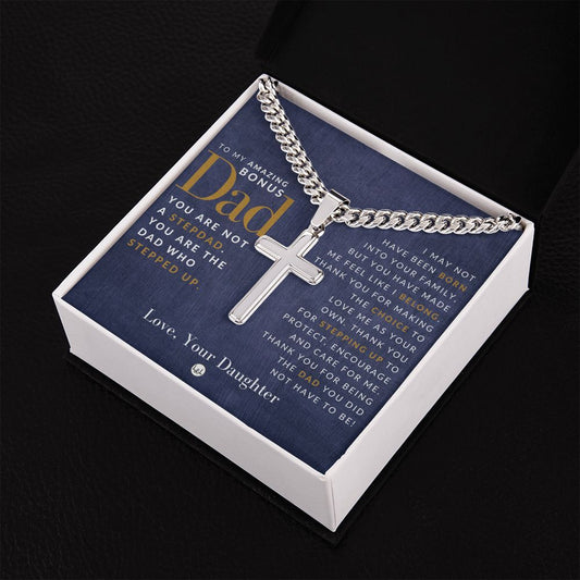 Gift For Bonus Dad, From Daughter - Cuban Chain with Artisan Cross Necklace - Christian Jewelry For Him For Father's Day, Christmas or His Birthday