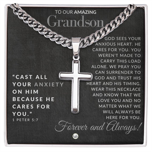 Gift For Our Grandson - 1 Peter 5:7 - Christian Encouragement - Christian Cross Pendant on Men's Chain Necklace - Great for Christmas, His Birthday,  Baptism or Confirmation