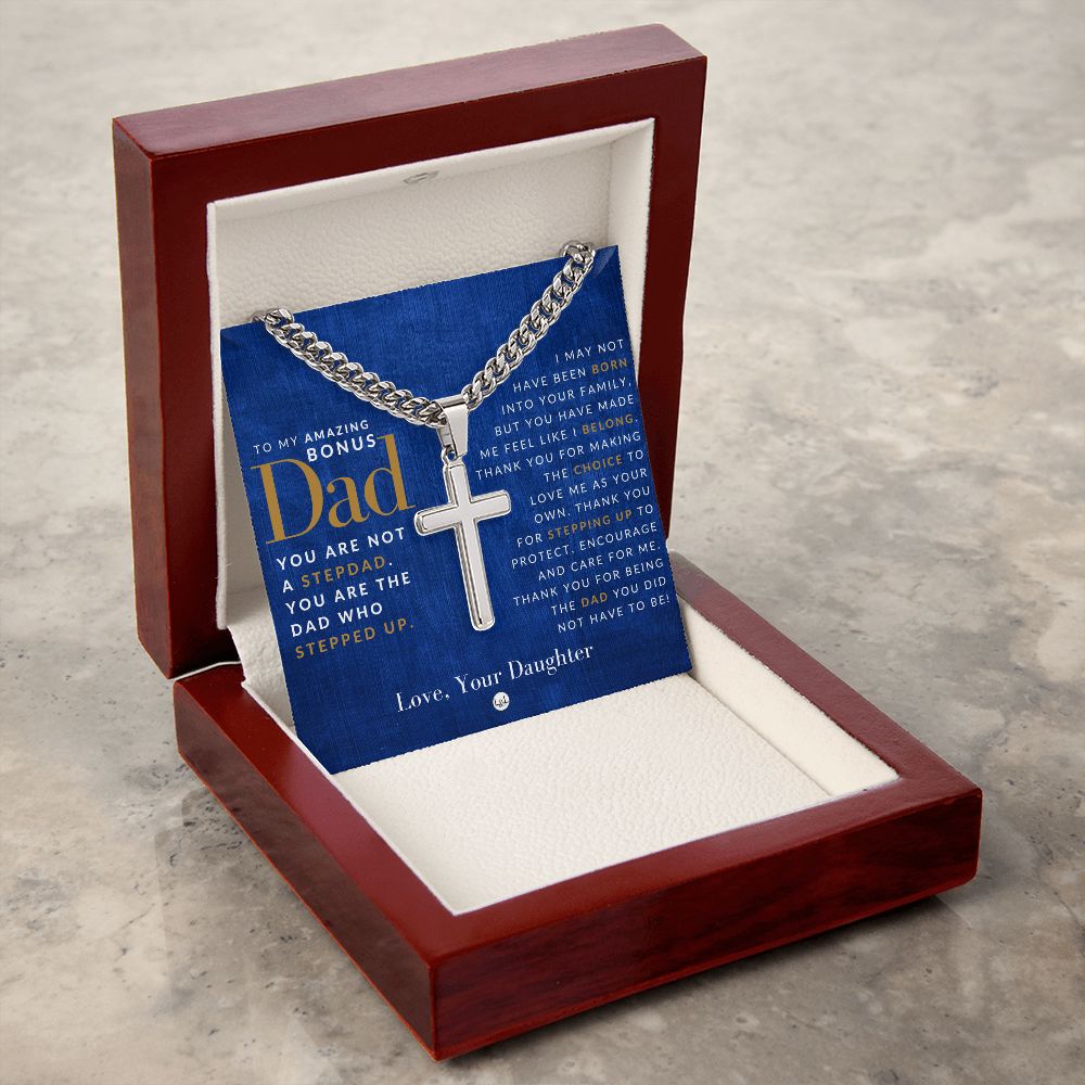 Gift For Bonus Dad, From Daughter - Men's Chain with Engravable Cross Necklace - Christian Jewelry For Dad For Father's Day, Christmas or His Birthday