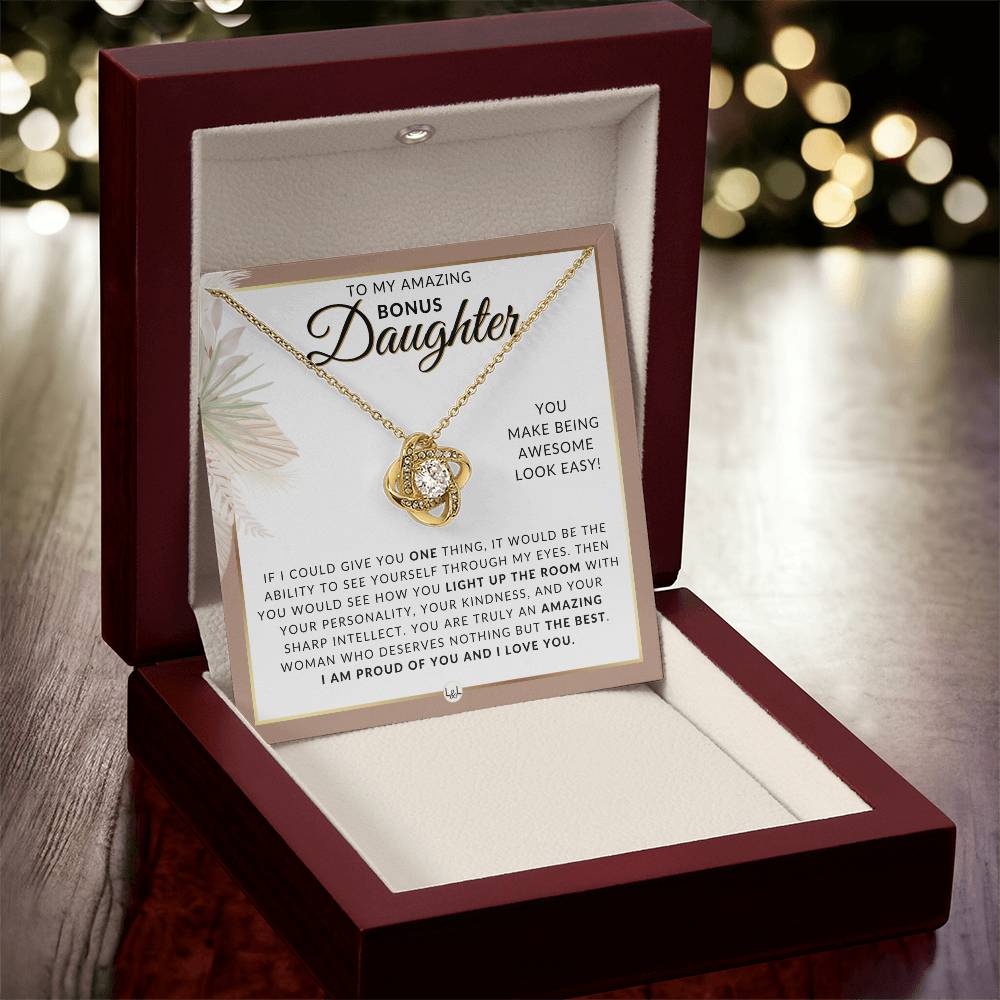 Bonus Daughter Gifts From Dad - Necklace For Bonus Daughter From Dad - Pendant Necklace + Sentimental Keepsake Message - Great Christmas Gift, Birthday Present or Graduation Surprise - Liliana and Liam