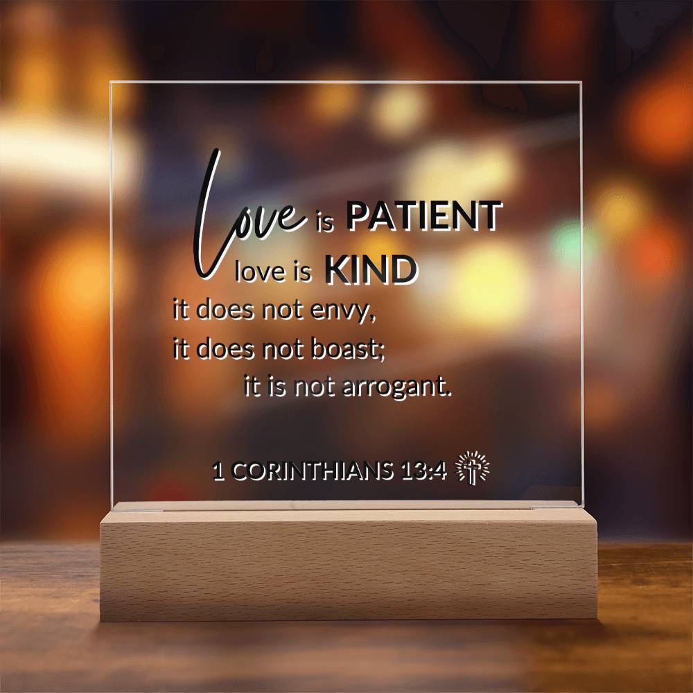 LED Bible Verse - Love Is Patient - 1 Corinthians 13:4 - Inspirational Acrylic Plaque with LED Nightlight Upgrade - Christian Home Decor - Liliana and Liam
