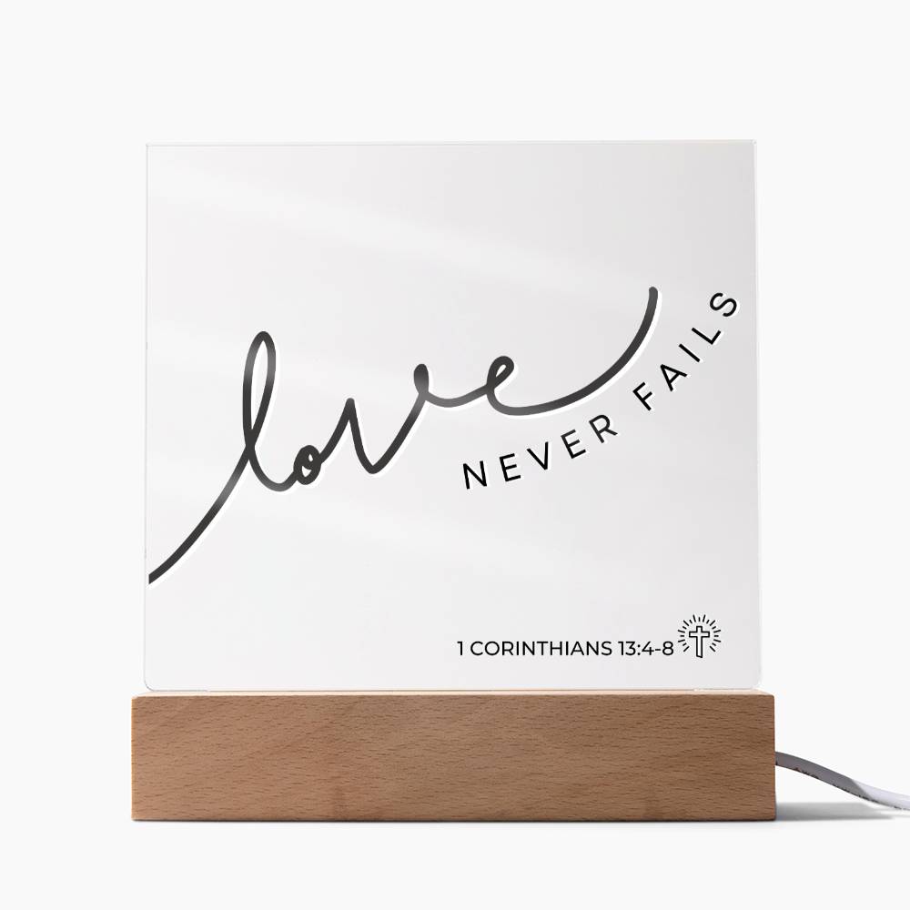 LED Bible Verse - Love Never Fails - 1 Corinthians 13:4-8 - Inspirational Acrylic Plaque with LED Nightlight Upgrade - Christian Home Decor
