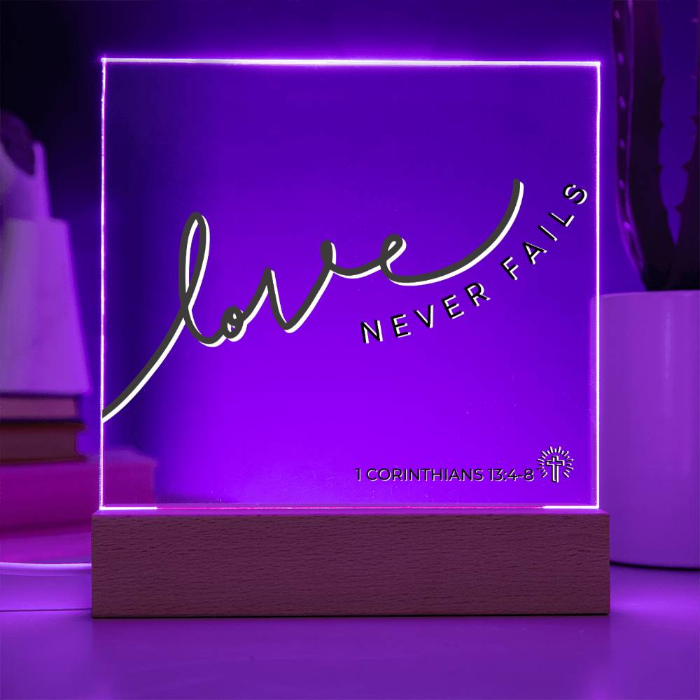 LED Bible Verse - Love Never Fails - 1 Corinthians 13:4-8 - Inspirational Acrylic Plaque with LED Nightlight Upgrade - Christian Home Decor