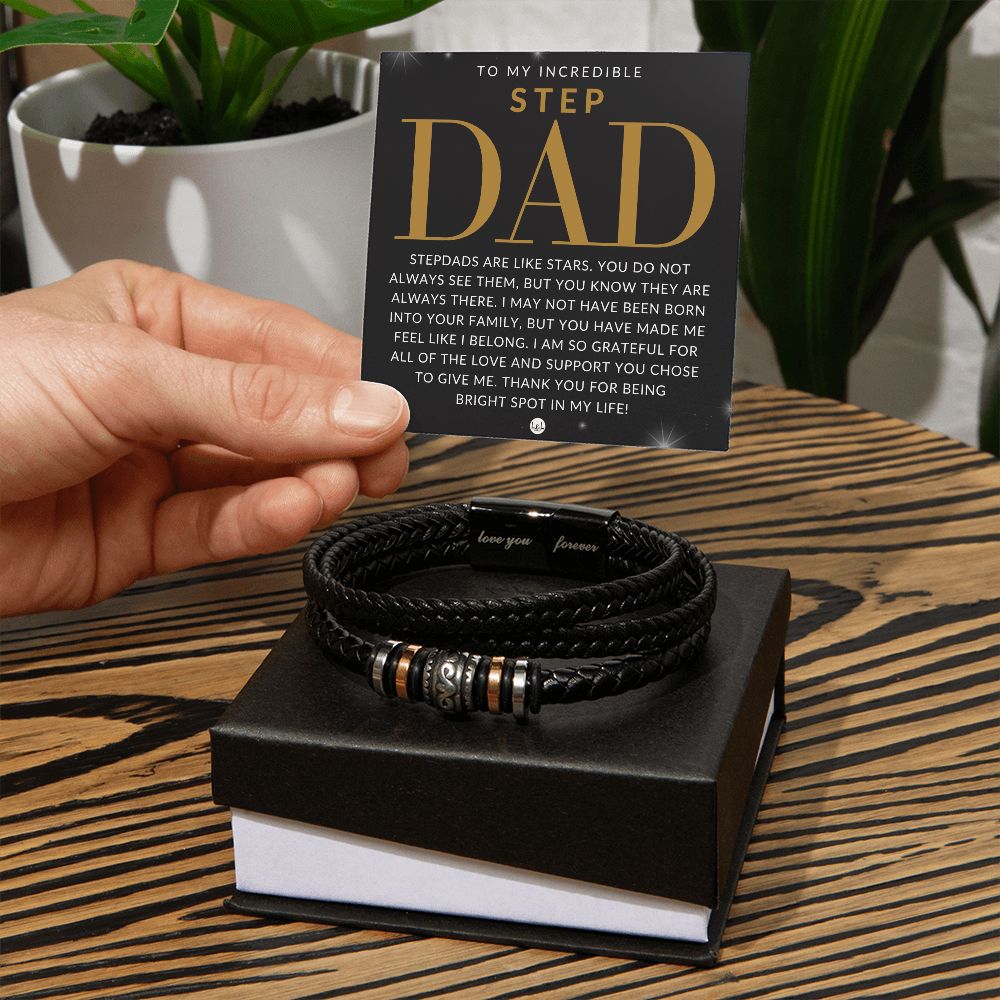 Gift for Step Dad - Men's Leather Bracelet for Stepdad - Great for Christmas, Father's Day or His Birthday Two Tone Box