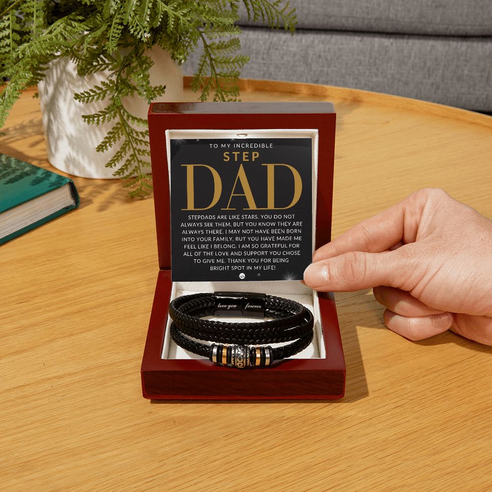 Gift For Step Dad - Men's Leather Bracelet For Stepdad - Great For Christmas, Father's Day or His Birthday - Liliana and Liam