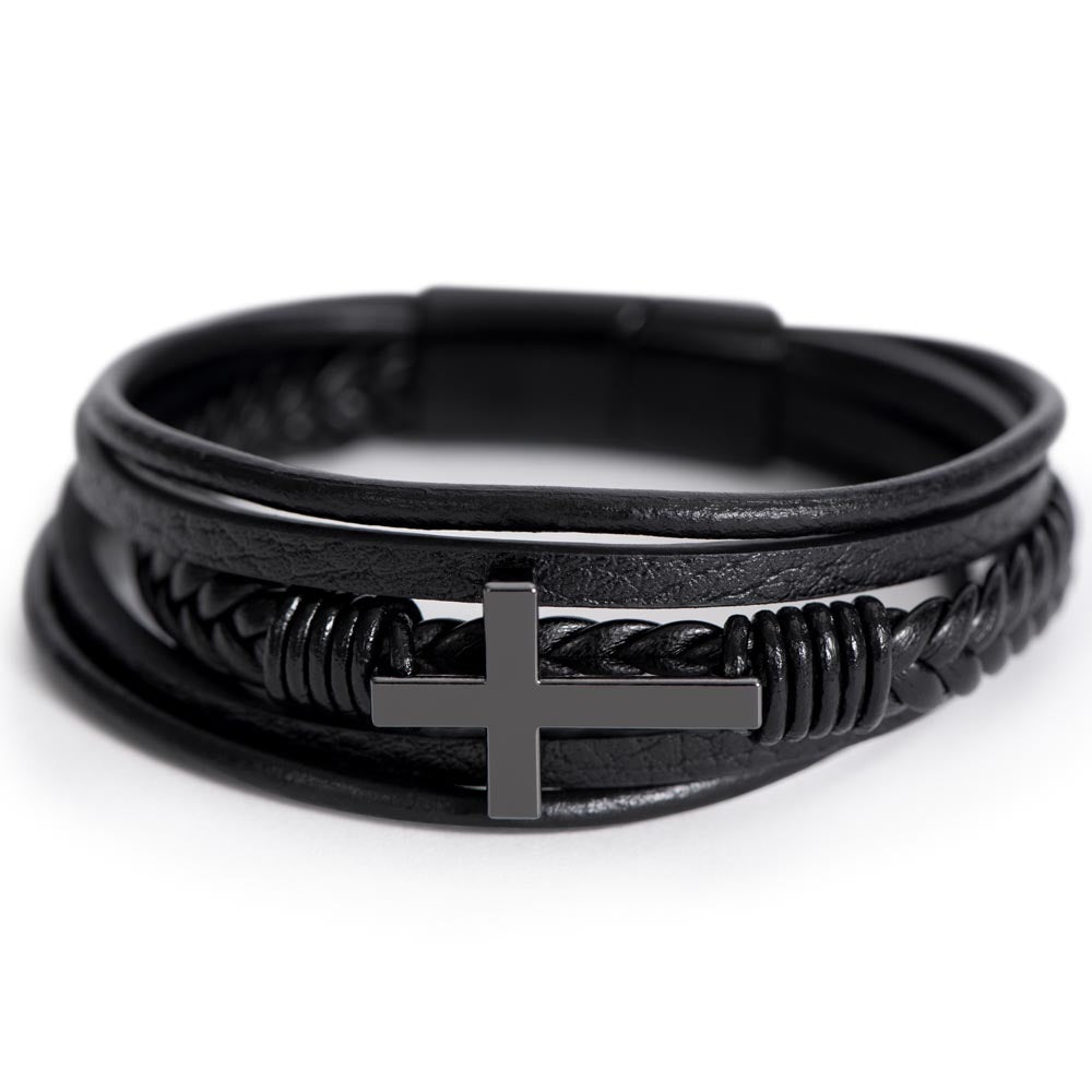 Gift For Your Stepped Up Stepdad - Men's Braided Leather Bracelet with Cross - Great Christmas Gift, Birthday Present or Fathers Day Gift For Him - Liliana and Liam