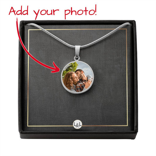 Photo Upload Necklace - Round Photo Pendant + Custom Engraving Option