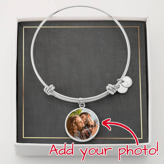Photo Upload Bracelet - Round Photo Pendant + Custom Engraving Option