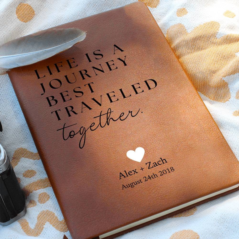 Life Is A Journey - Custom Leather Journal - Love Notebook - Liliana and Liam