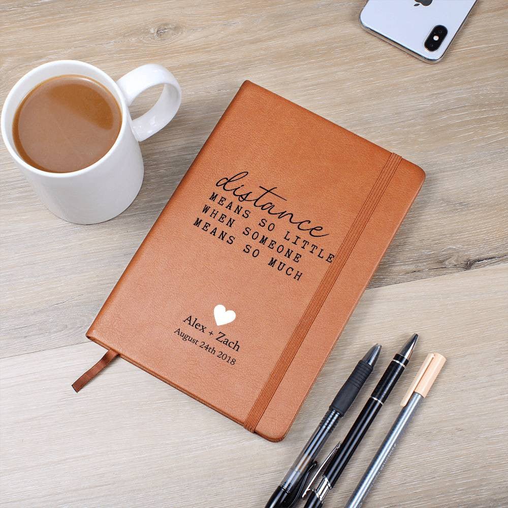 Personalized Leather Journal - Distance Means So Little - Custom Leather Notebook For Long Distance Relationships - Wedding or Anniversary Gift - Love Letters, Memory Book - Liliana and Liam