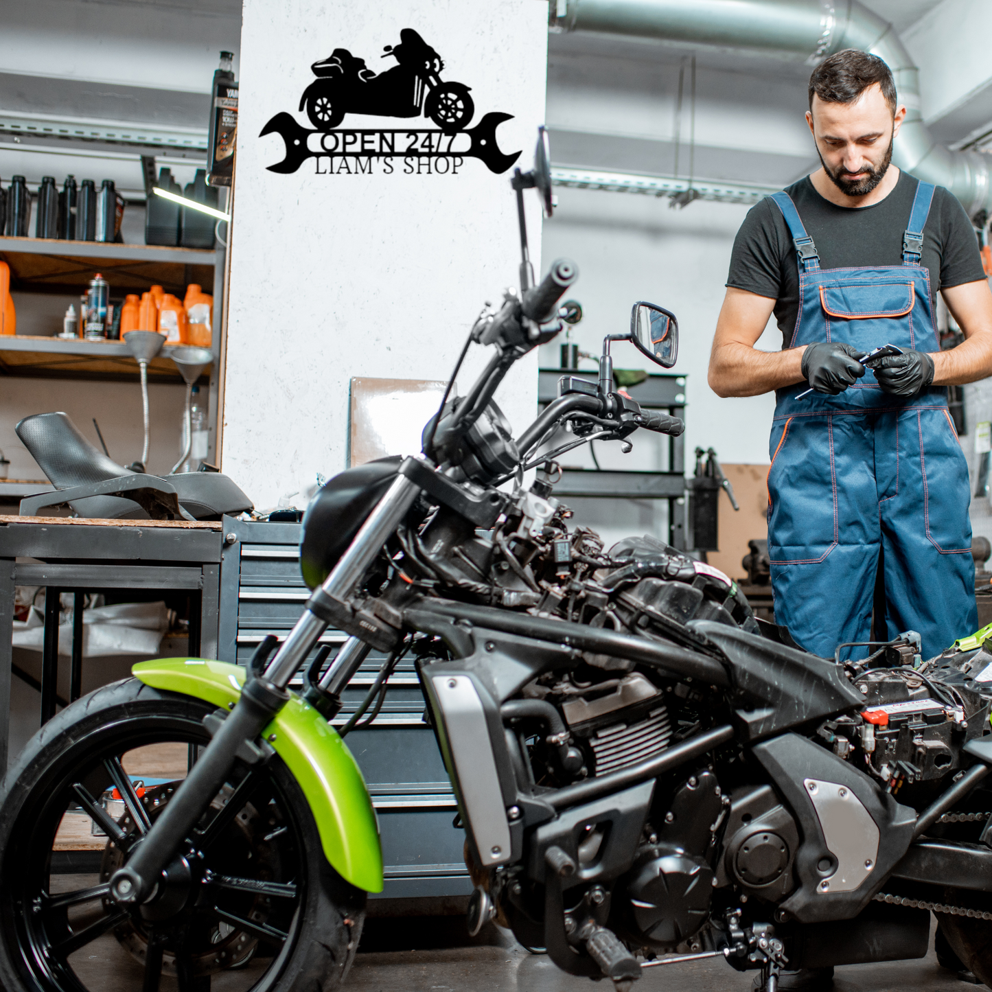 Motorcycle Sign - Personalized Metal Sign - Trike Shop Monogram with Wrench