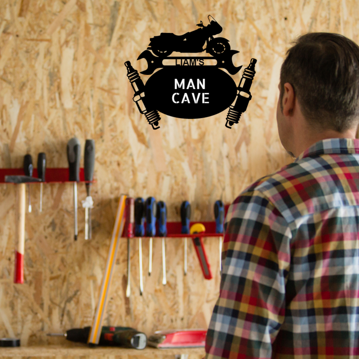 Motorcycle Sign - Personalized Metal Sign - Cruiser Monogram with Engine and Wrench