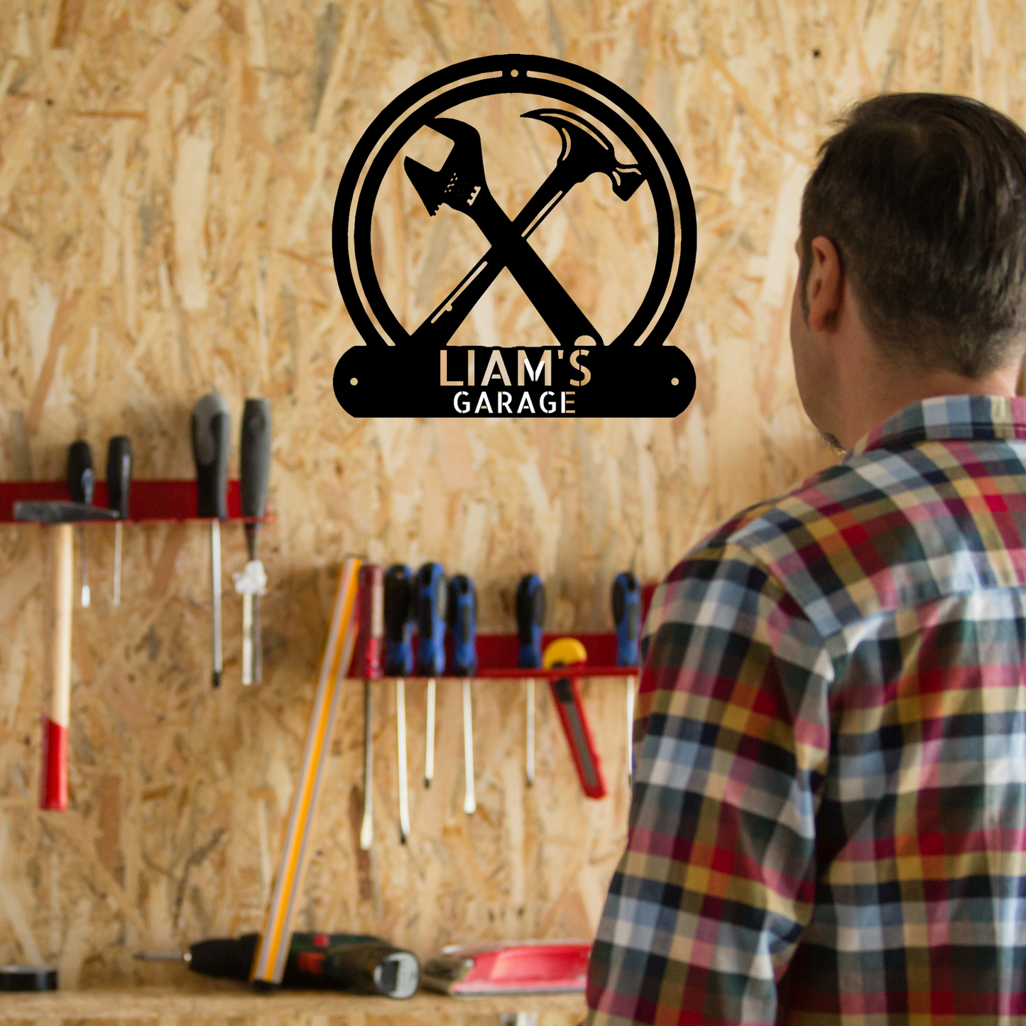 Tool Sign with Hammer, Wrench and Text Banner - Personalized Workshop Sign, Custom Garage Sign, Workshop, Man Cave Decor, Large Metal Sign