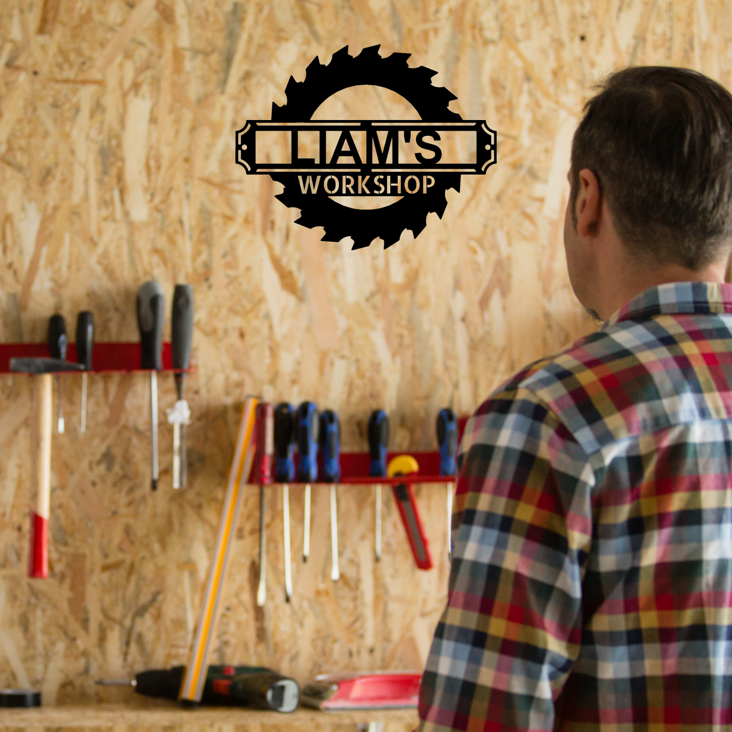 Tool Sign with Sawblade - Personalized Workshop Sign, Custom Garage Sign, Workshop, Man Cave Decor, Large Metal Sign