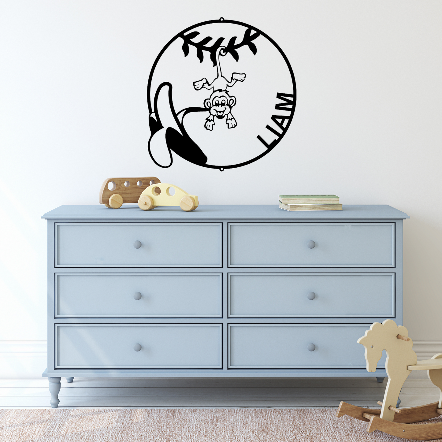 Personalized Nursery Sign with Custom Text, Round Monkey Name Sign, Metal Monogram, Nursery Decor, Metal Wall Art, Gift for New Mom