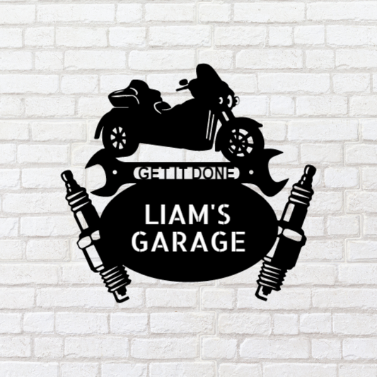 Motorcycle Sign - Personalized Metal Sign - Trike Mechanic Monogram with Engine and Wrench