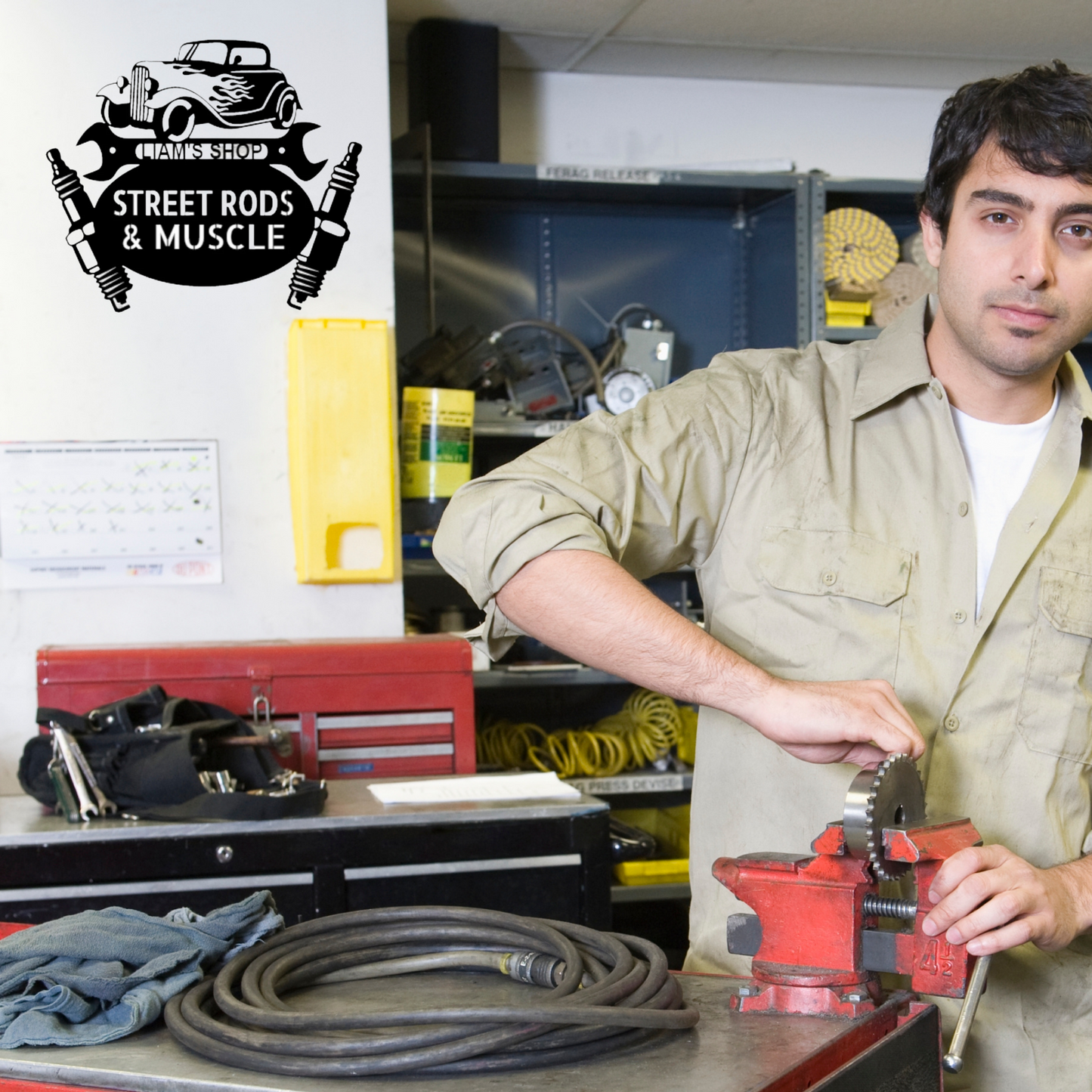 Flaming Hot Rod Sign - Personalized Metal Car Sign - Classic Speedster Monogram with Engine and Wrench