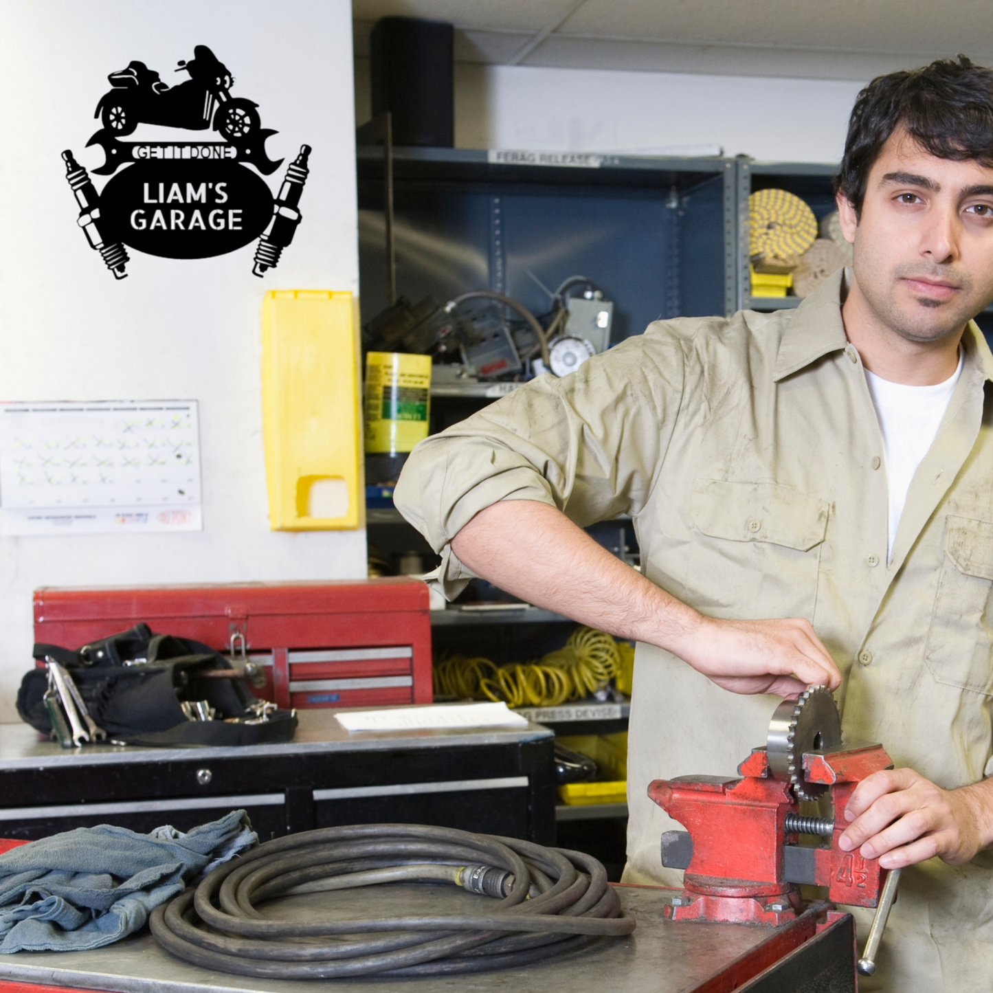 Motorcycle Sign - Personalized Metal Sign - Trike Mechanic Monogram with Engine and Wrench