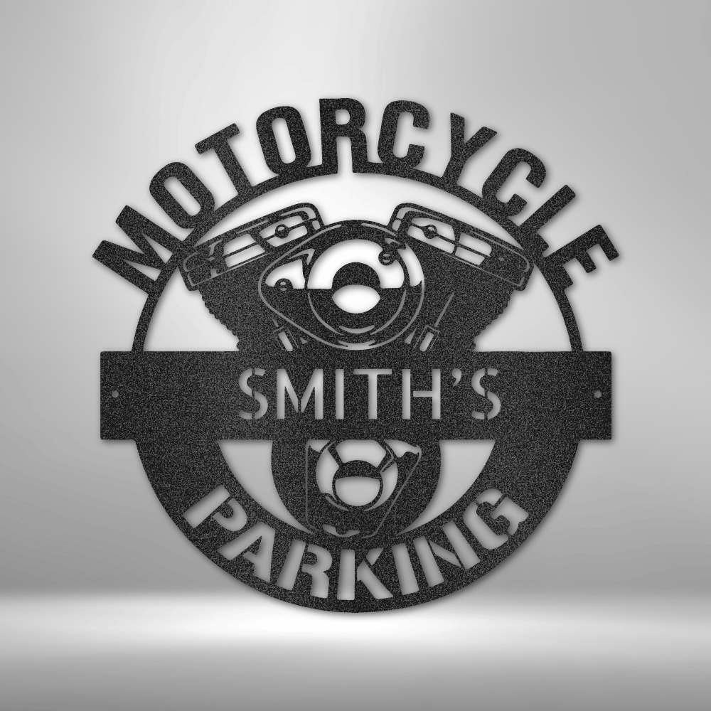 Motorcycle Sign - Personalized Metal Sign - Motorcycle Parking Monogram with Engine