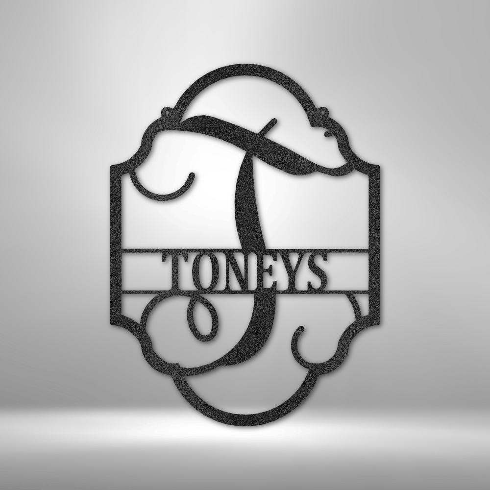 Metal Initial Sign: Fancy Initial Letter on Family Shield - Metal Sign, Family Name Sign, Initial Wall Decor, Year Long Front Porch Name Sign