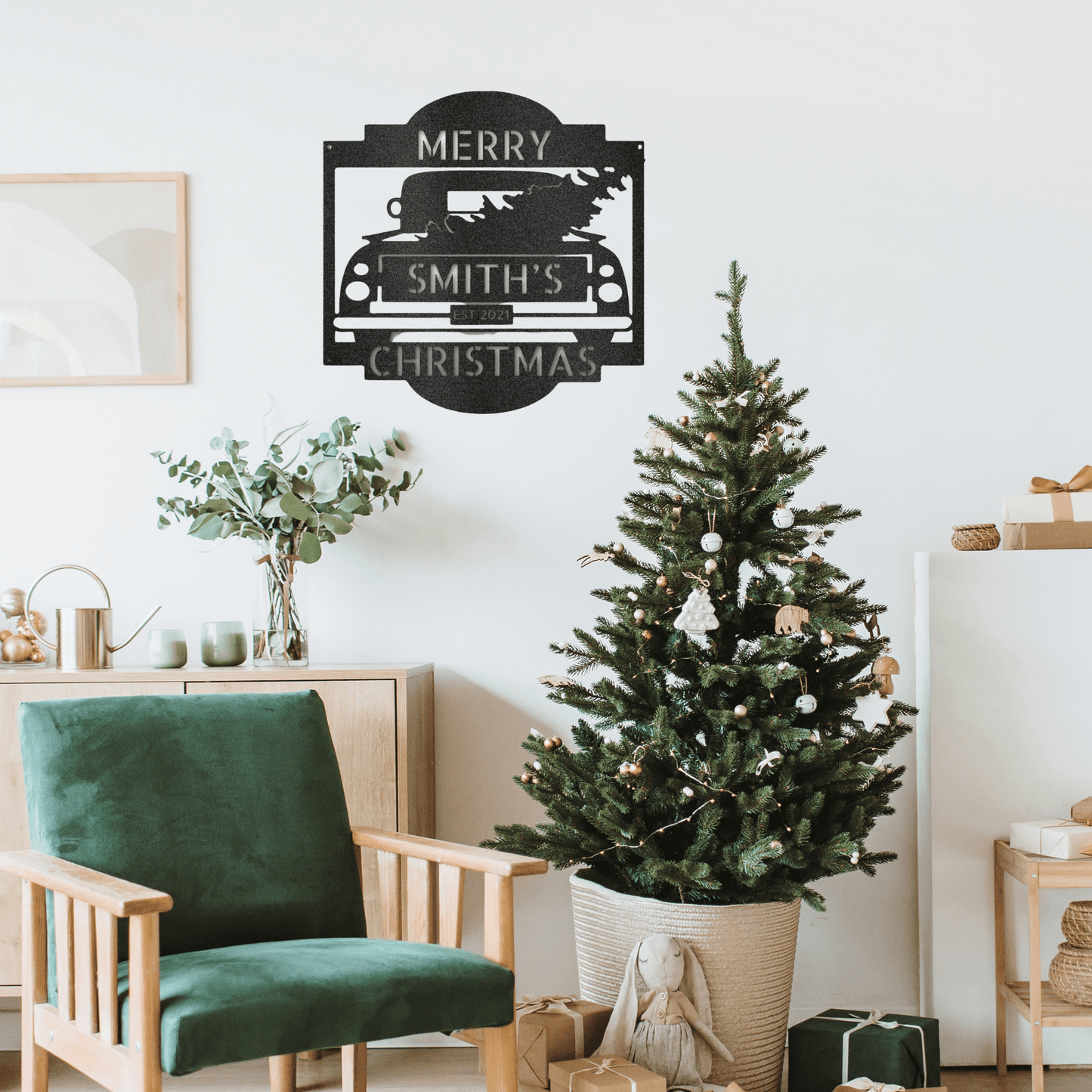 Personalized Christmas Truck Monogram Metal Wall Sign, Christmas Decor, Custom Holiday Decor, Holiday Gift, Christmas Wreath Door Decor