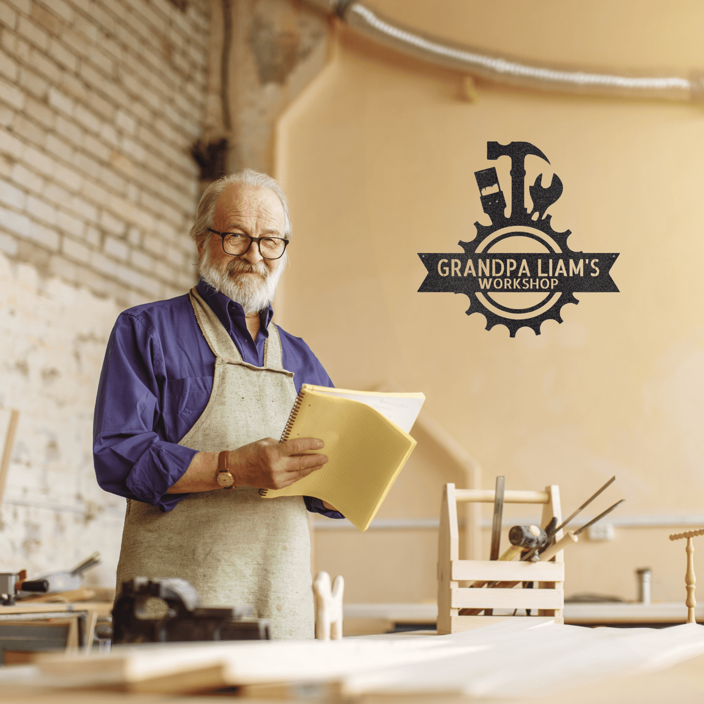 Tool Sign with Hammer, Paintbrush, Wrench and Text Banner - Personalized Workshop Sign, Custom Garage Sign, Workshop, Man Cave Decor, Large Metal Sign