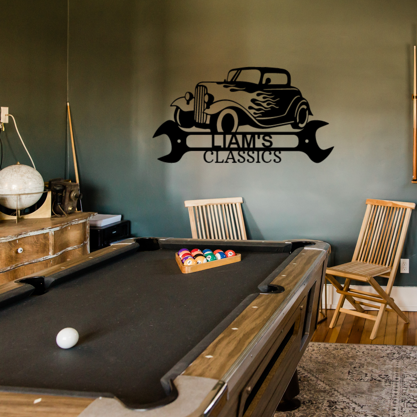 Flaming Hot Rod Sign - Personalized Metal Sign - Classic Speedster Monogram with Wrench