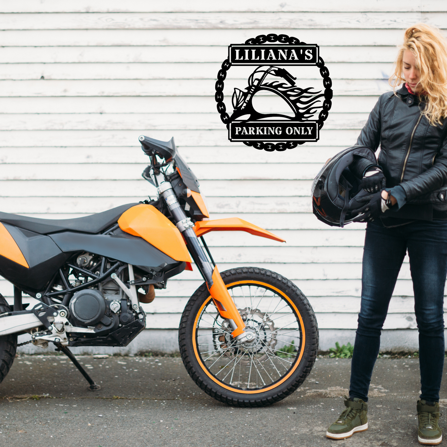 Motorcycle Sign - Personalized Metal Sign - Flaming Motorcycle Monogram with Chain Frame